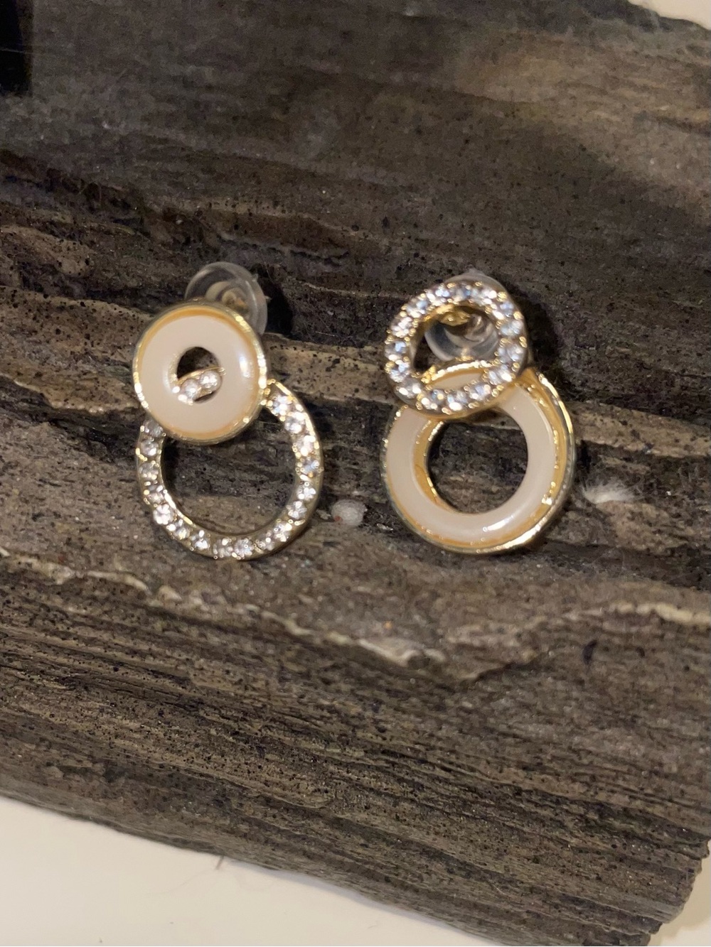 Gold and Cream with sparkling crystal accents  Circle Drop Earrings -